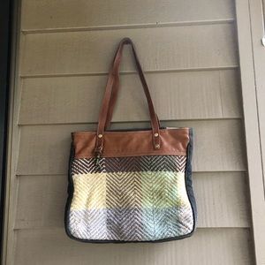 Myra Bag heavy canvas back. Sz 12” by 15”. Knit front